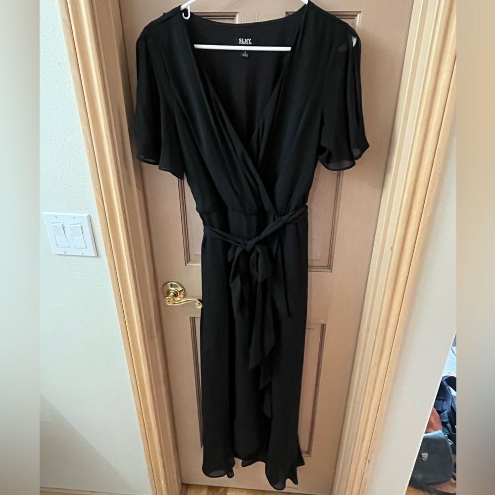 SLNY Black Midi Dress with Tie Waist